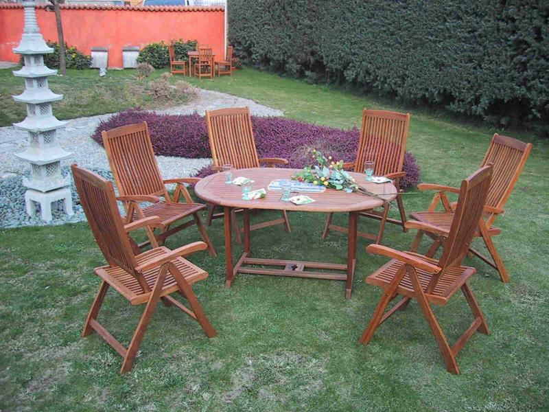 SET GIARDINO MALTA IN LEGNO TEAK MASSELLO THAILANDESE - TAVOLO OVALE ALLUNGABILE E 6 POLTRONCINE PIEGHEVOLI CON BRACCIOLI E SCHIENALE REGOLABILE